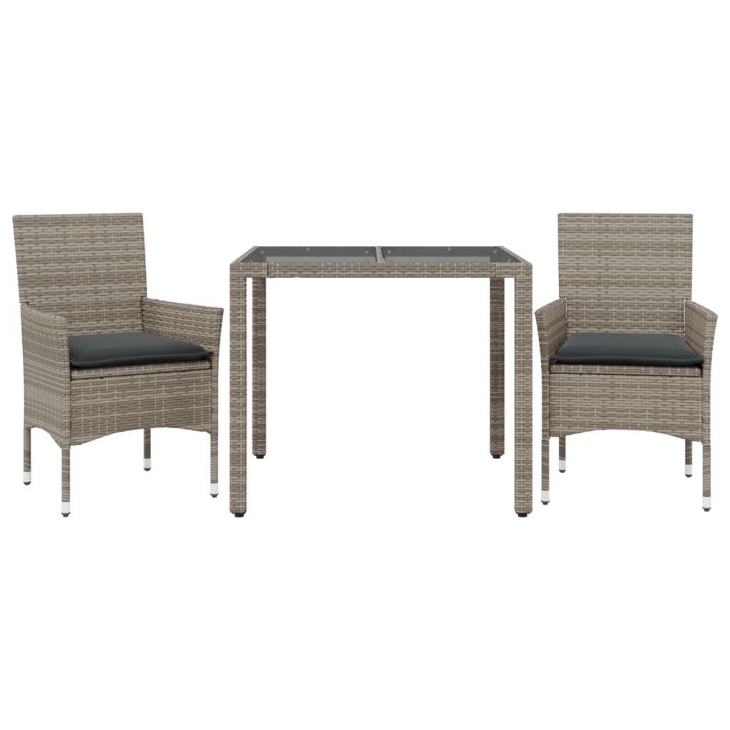 vidaXL 3-tlg. Garten-Essgruppe mit Kissen Grau Poly Rattan und Glas