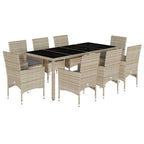 vidaXL 9-tlg. Garten-Essgruppe mit Kissen Hellgrau Poly Rattan & Glas