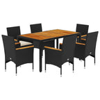 vidaXL 7-tlg. Garten-Essgruppe mit Kissen Schwarz Poly Rattan Akazie