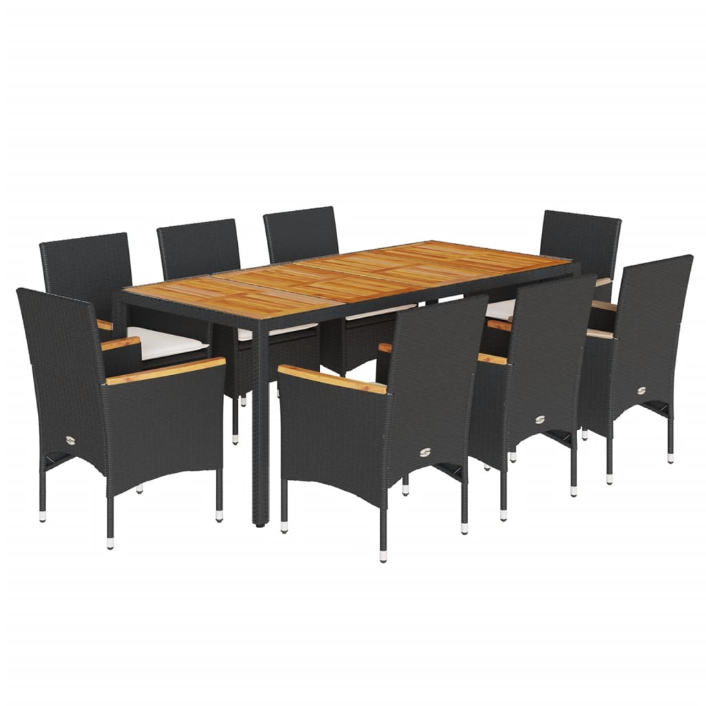 vidaXL 9-tlg. Garten-Essgruppe mit Kissen Schwarz Poly Rattan Akazie