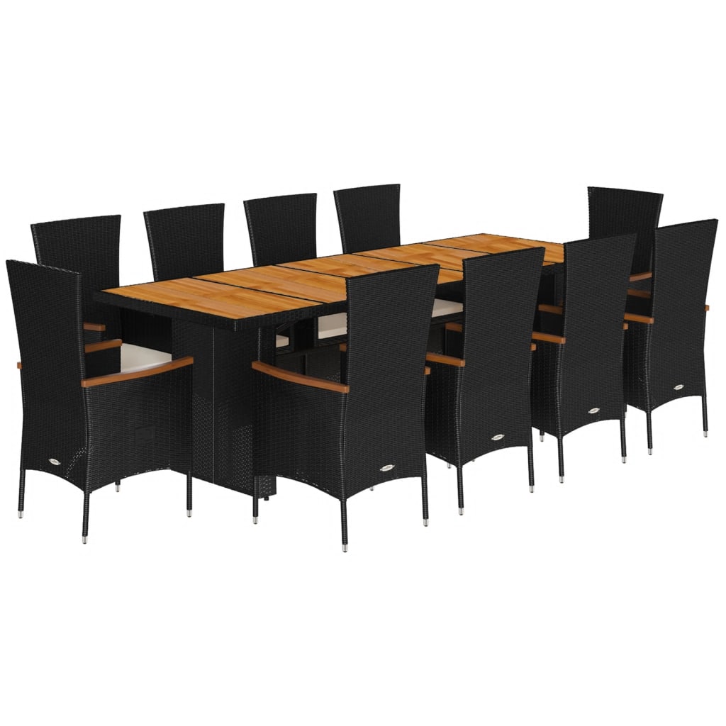 vidaXL 11-tlg. Garten-Essgruppe mit Kissen Schwarz Poly Rattan