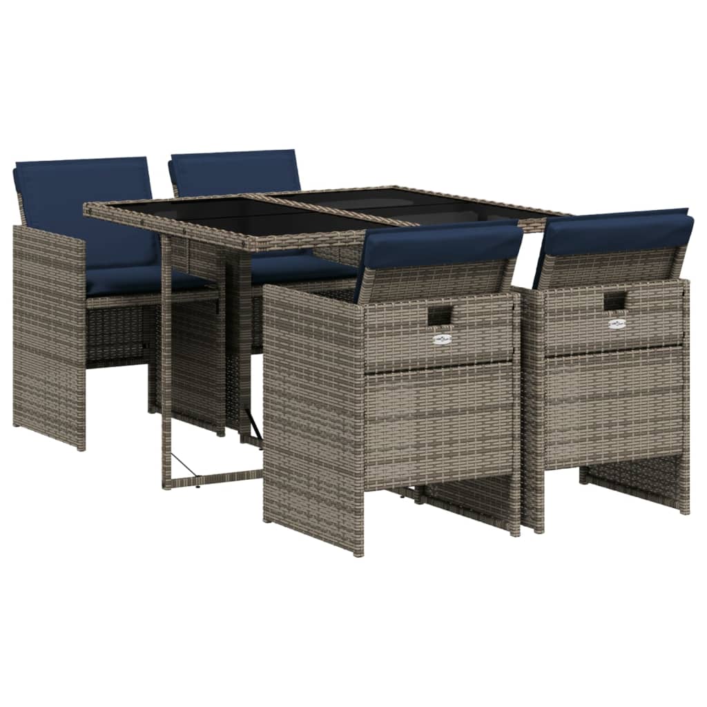 vidaXL 5-teiliges Garten-Ess-Set mit Kissen, grau, Polyrattan