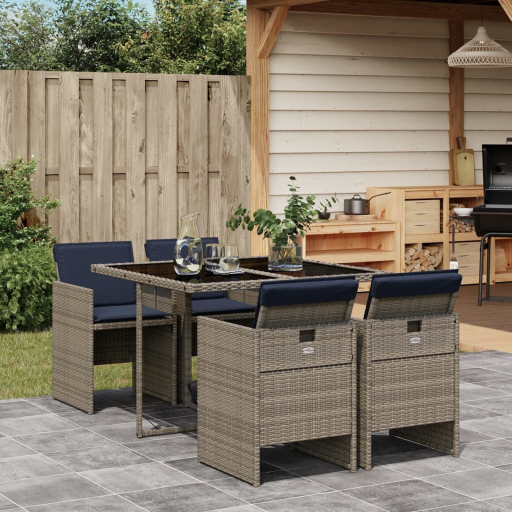 vidaXL 5-teiliges Garten-Ess-Set mit Kissen, grau, Polyrattan