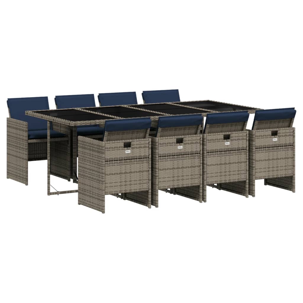 vidaXL 9-teiliges Garten-Ess-Set mit Kissen, grau, Polyrattan