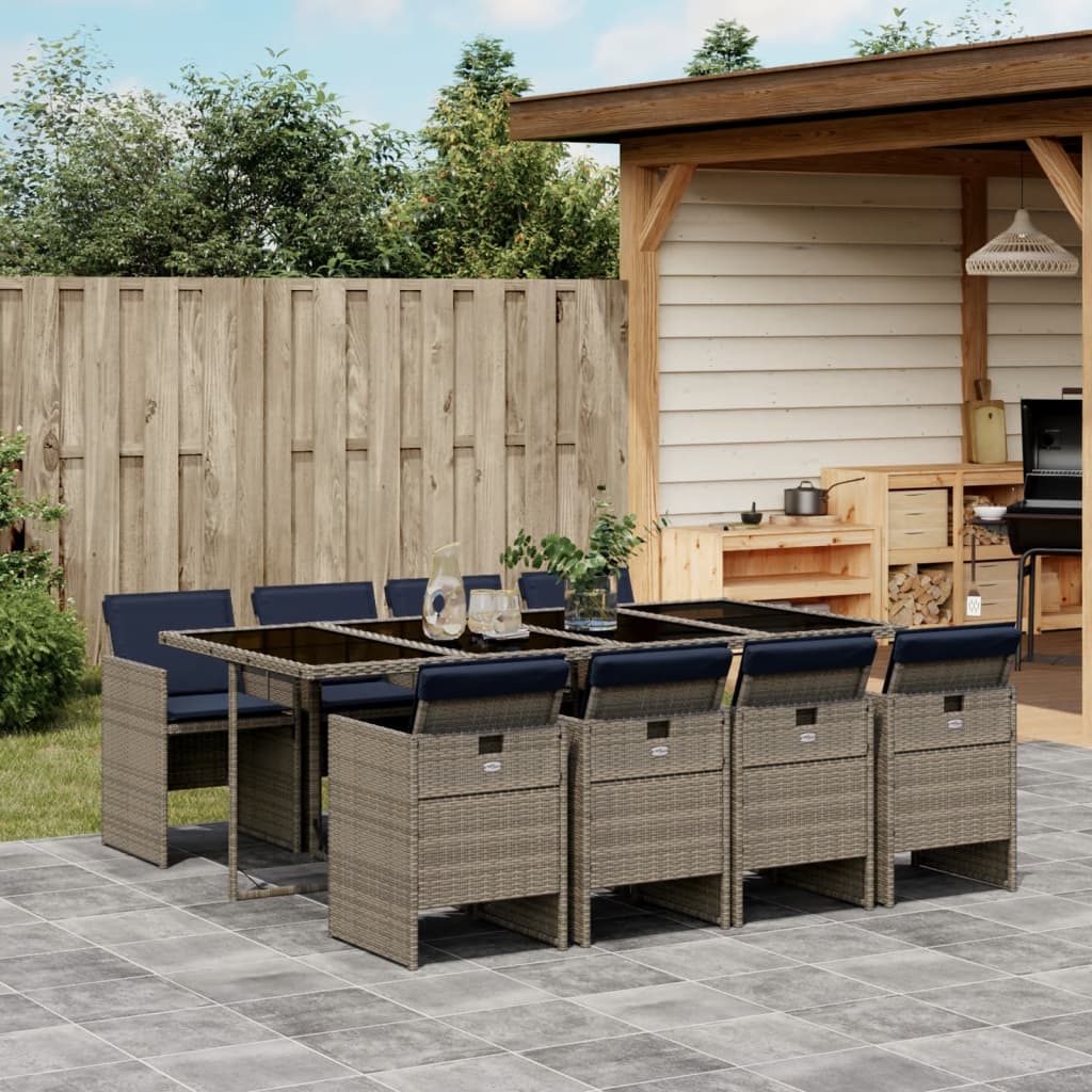 vidaXL 9-teiliges Garten-Ess-Set mit Kissen, grau, Polyrattan