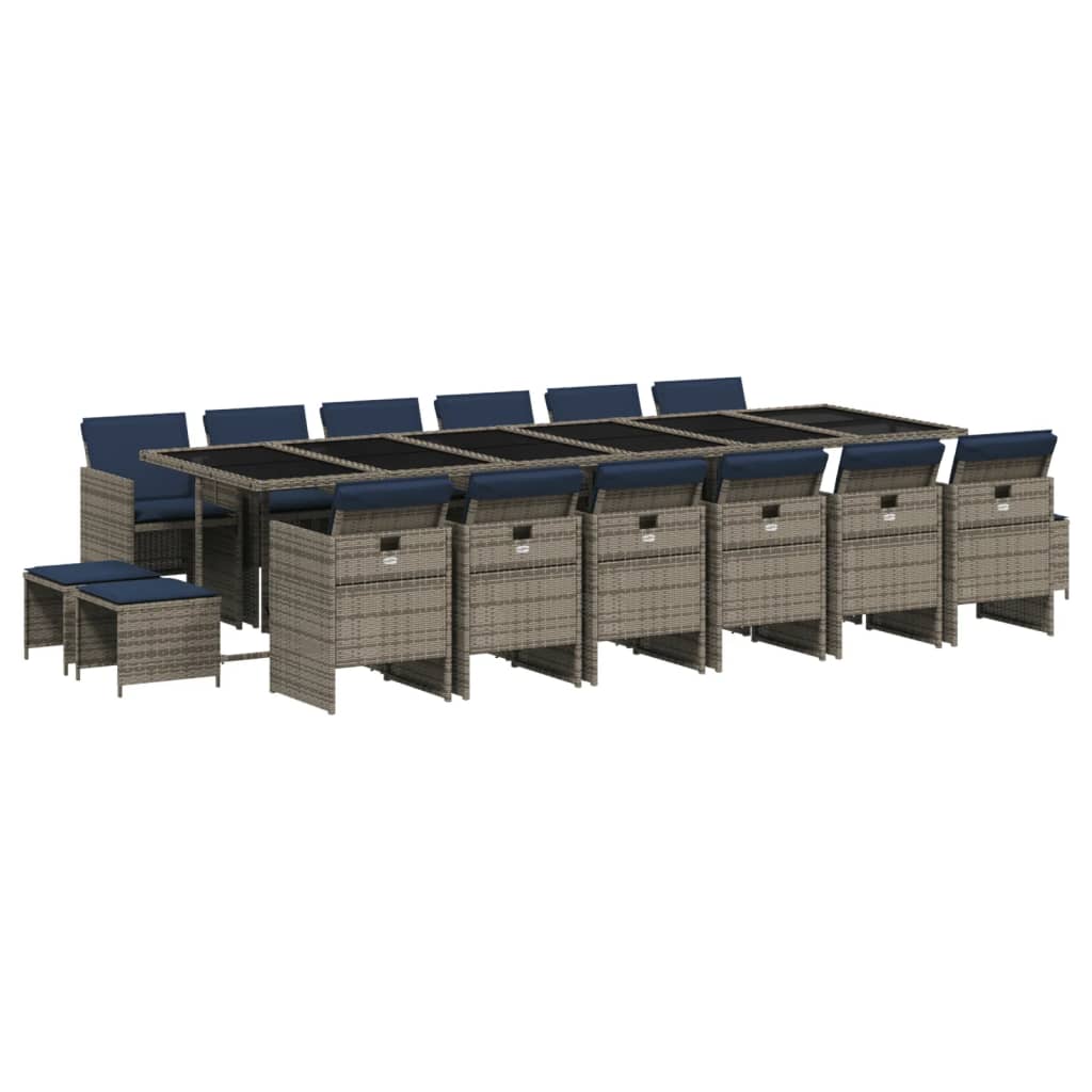 vidaXL 17-teiliges Garten-Ess-Set mit Kissen, grau, Polyrattan