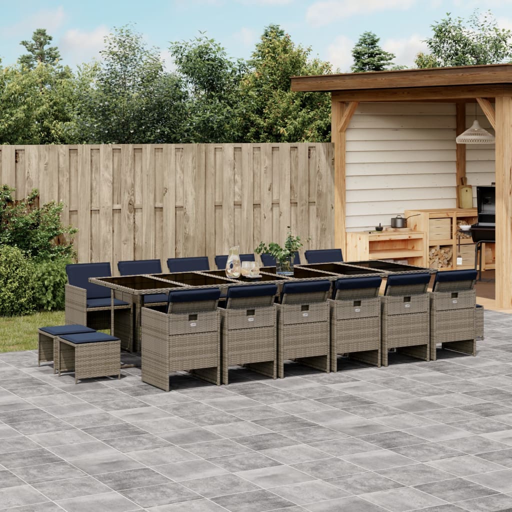 vidaXL 17-teiliges Garten-Ess-Set mit Kissen, grau, Polyrattan