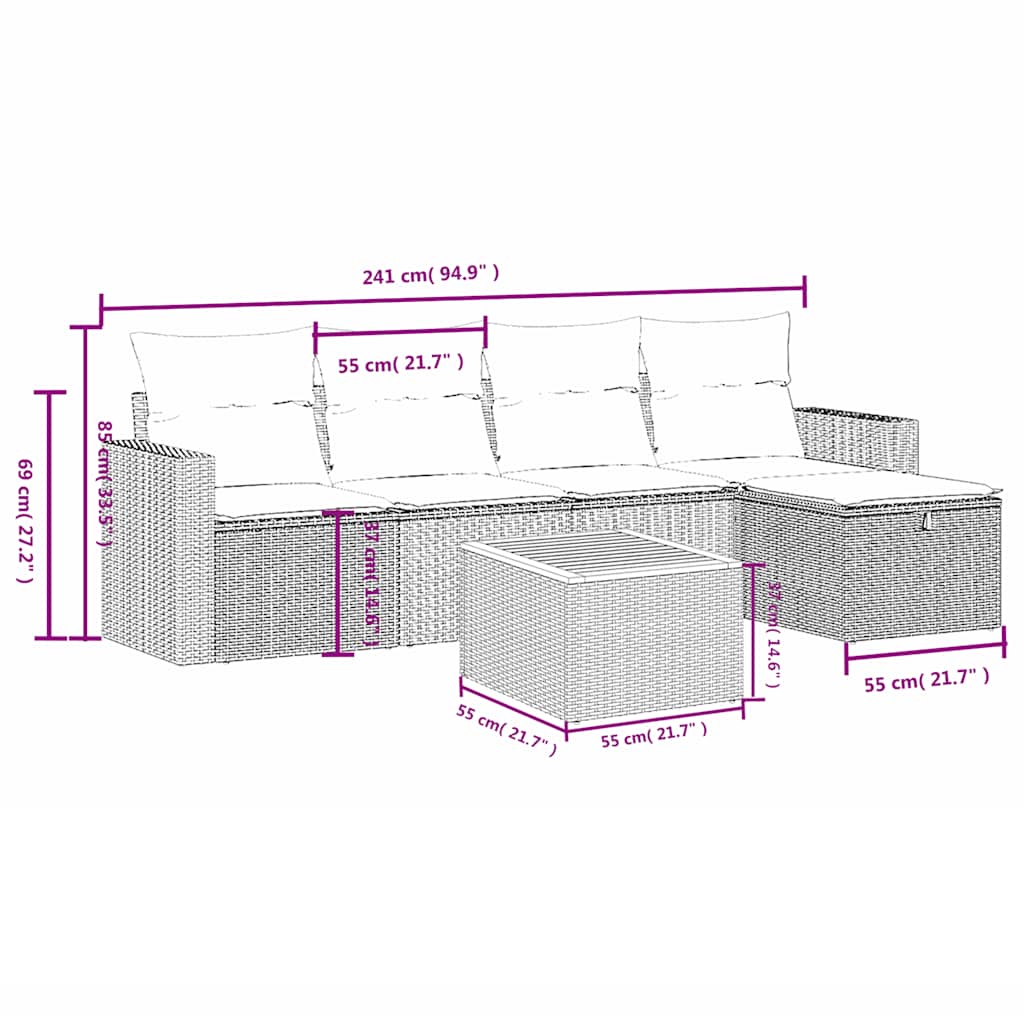 vidaXL 6-teiliges Gartensofa-Set mit Kissen, grau, Polyrattan