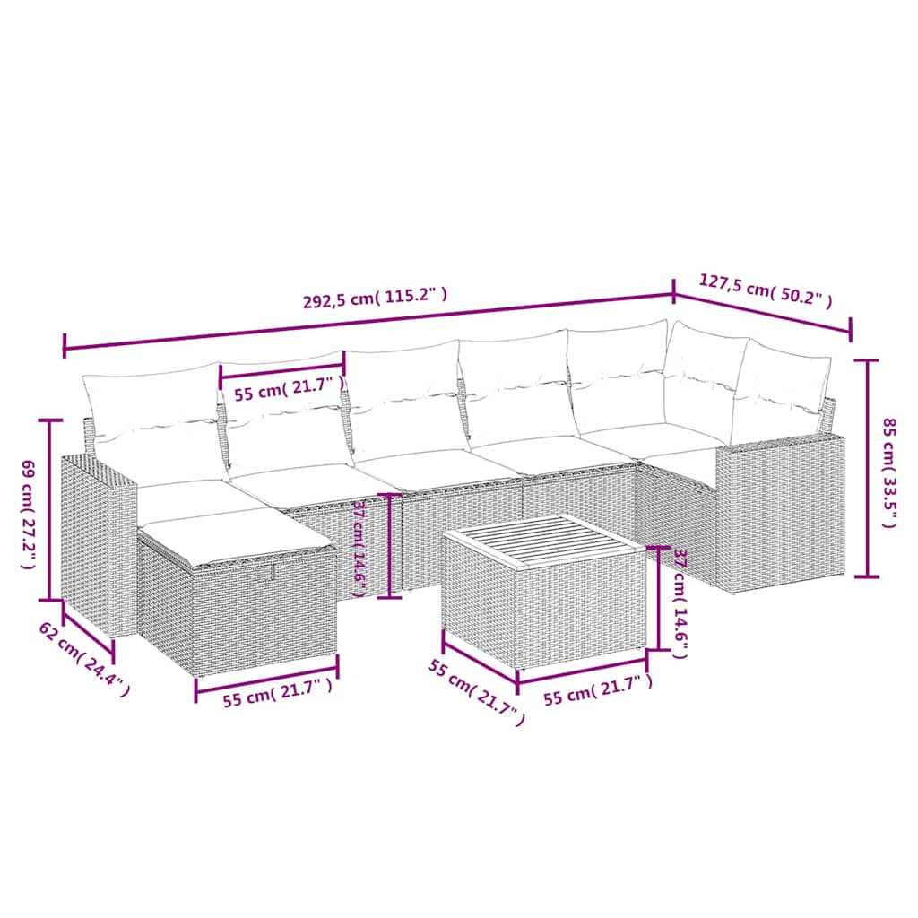 vidaXL 8-tlg. Garten-Sofagarnitur mit Kissen Schwarz Poly Rattan