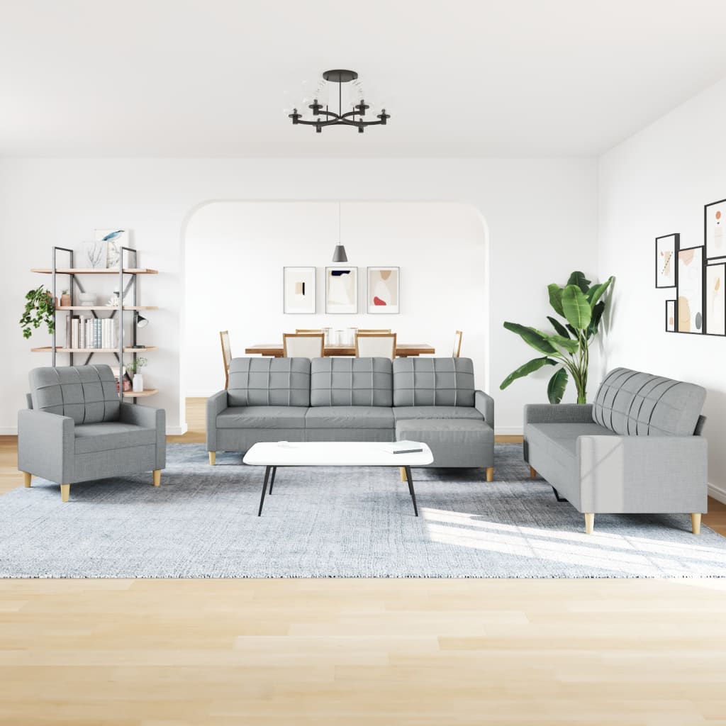 vidaXL 4-tlg. Sofagarnitur mit Fußhocker Hellgrau Stoff
