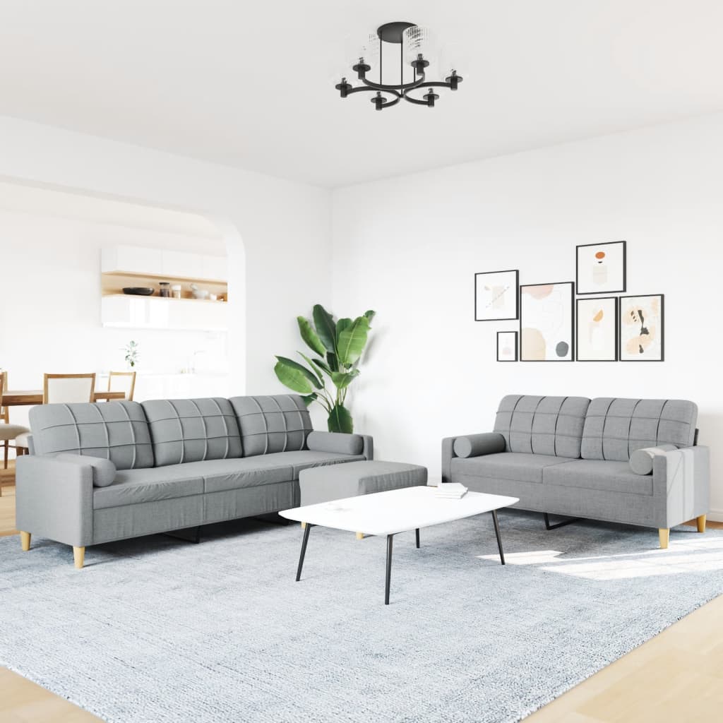 vidaXL 3-tlg. Sofagarnitur mit Fußhocker & Dekokissen Hellgrau Stoff