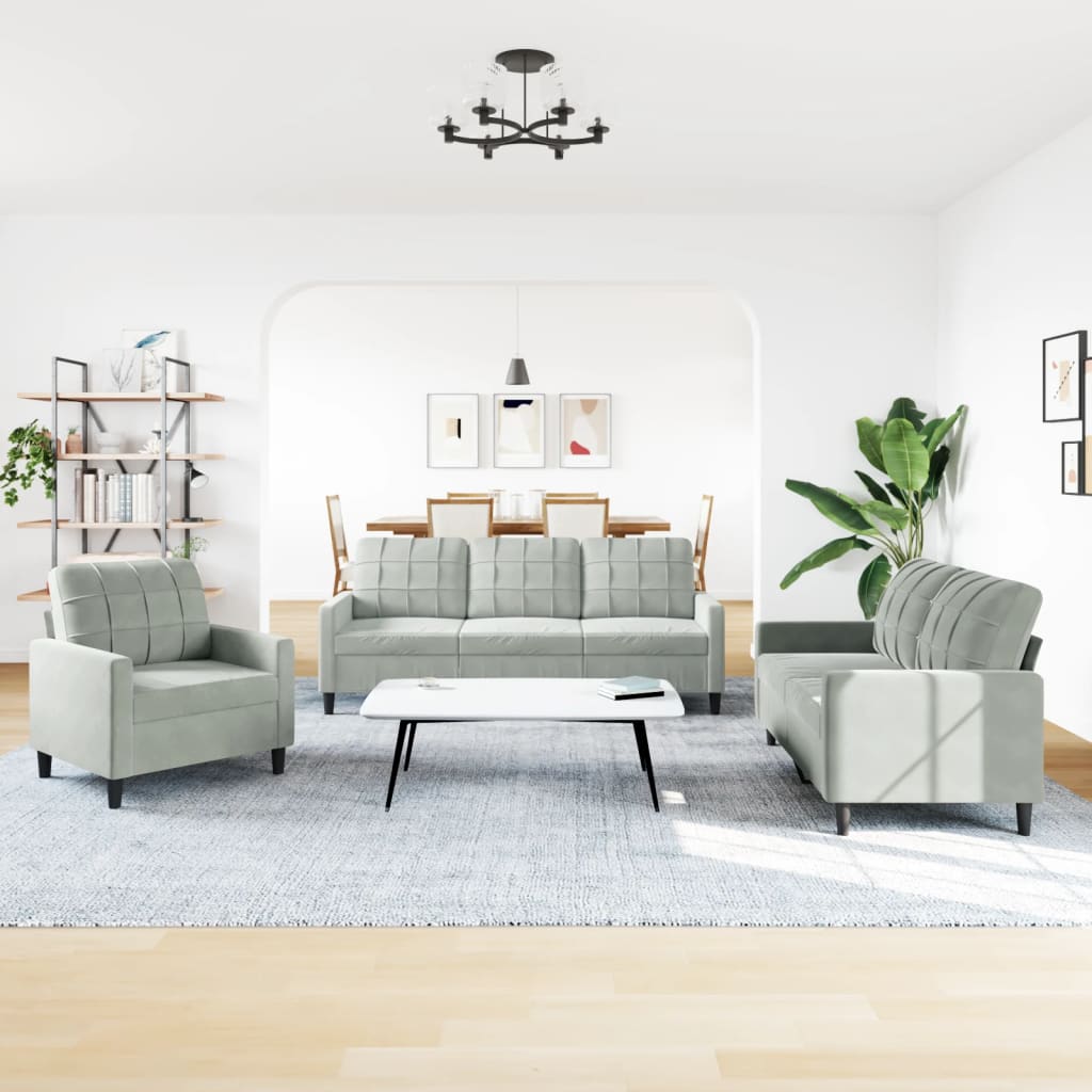 vidaXL 3-tlg. Sofagarnitur mit Kissen Hellgrau Samt