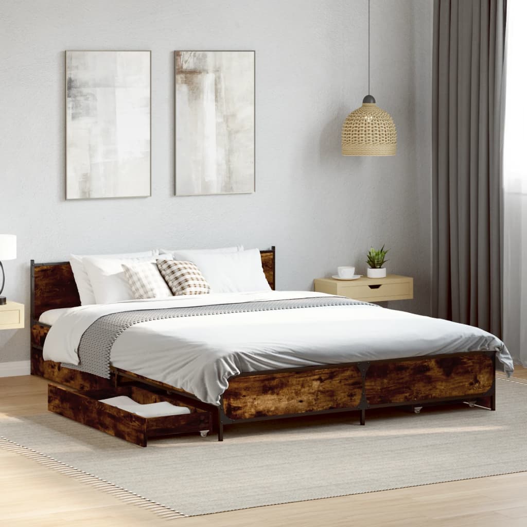 vidaXL Bettgestell mit Schubladen Räuchereiche 135x190cm Holzwerkstoff