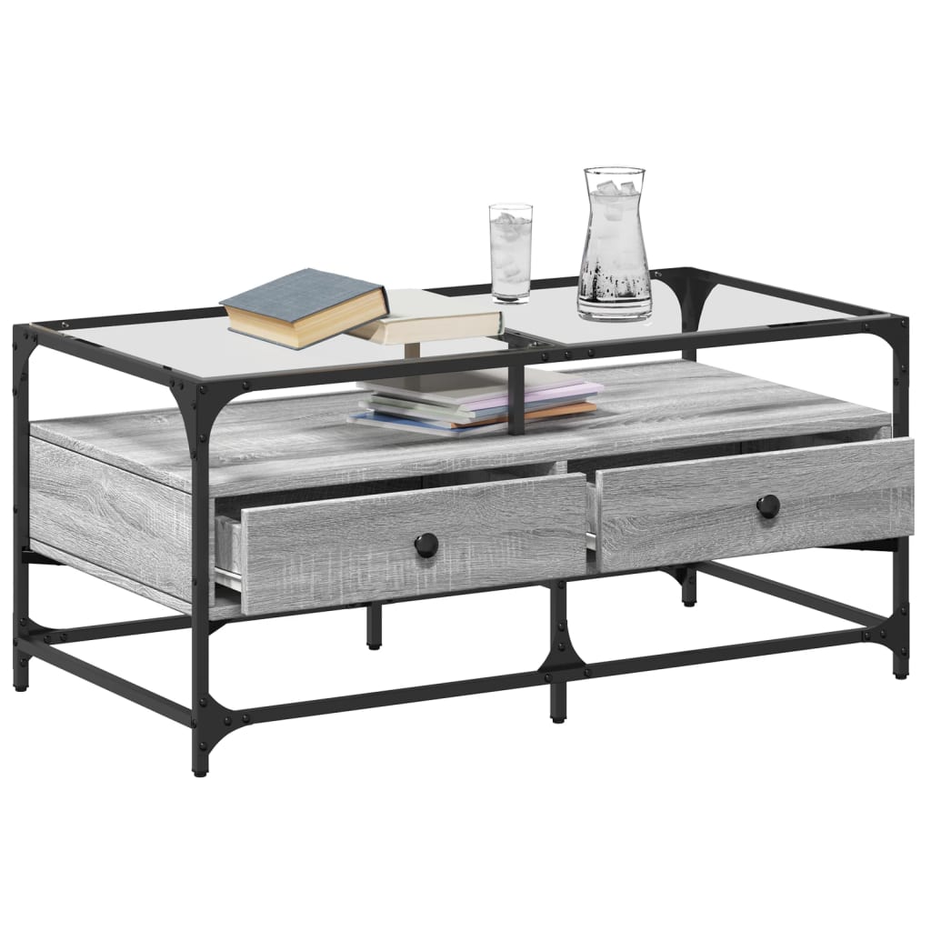 vidaXL Couchtisch mit Glasplatte Grau Sonoma 98,5x50x45 cm Stahl