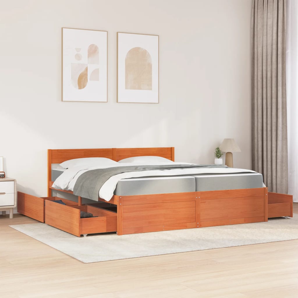 vidaXL Bett mit Schubladen und Matratze Wachsbraun 200x200 Massivholz