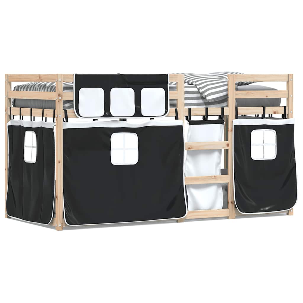 vidaXL Etagenbett mit Vorhängen Weiß Schwarz 90x200 cm Kiefernholz