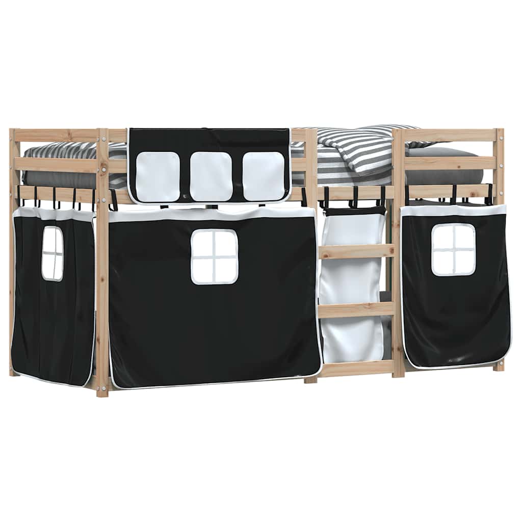 vidaXL Etagenbett mit Vorhängen Weiß Schwarz 90x200 cm Kiefernholz