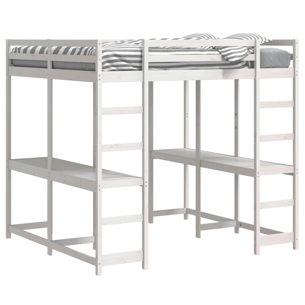 vidaXL Hochbett mit Schreibtisch & Leiter Weiß 160x200 cm Kiefernholz