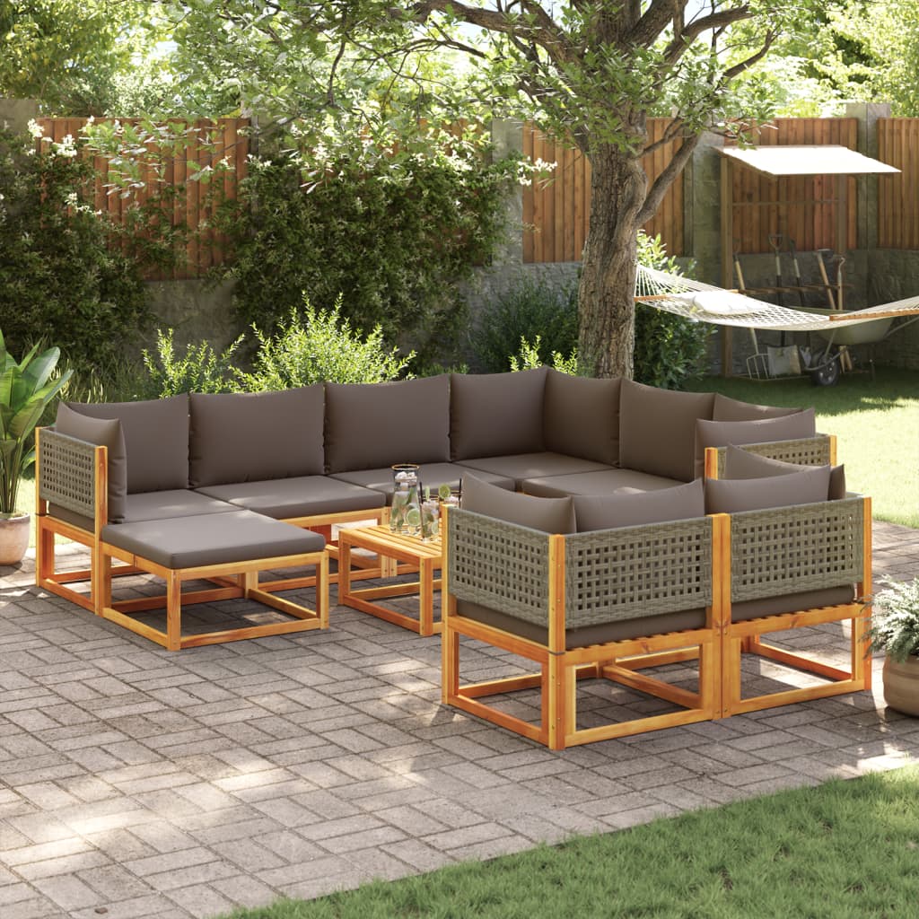 vidaXL 10-tlg. Gartensofa-Set mit Kissen Holz Akazie & Rattan