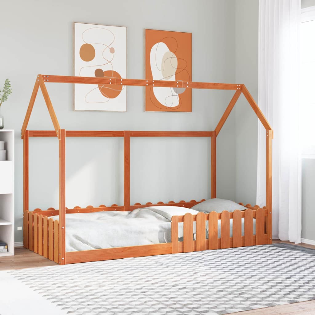 vidaXL Kinderbett Hausbett Wachsbraun 90x190 cm Massivholz Kiefer