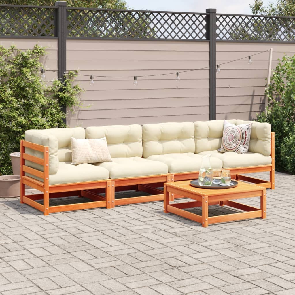 vidaXL 5-tlg. Garten-Sofagarnitur mit Kissen Wachsbraun Kiefernholz