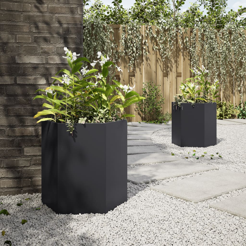 vidaXL Garten-Pflanzgefäße 2 Stück Schwarz Sechseckig 46x40x45 Stahl