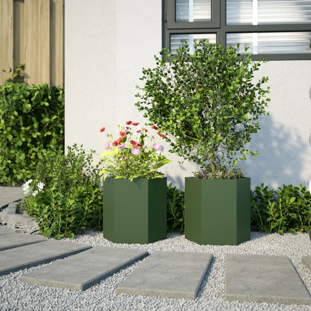vidaXL Garten-Pflanzgefäße 2 Stk.Olivgrün Sechseckig 46x40x45 cm Stahl