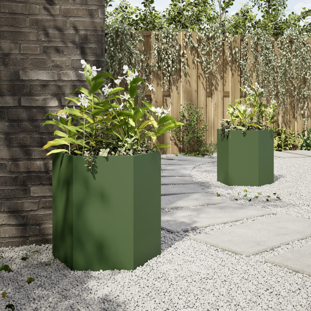 vidaXL Garten-Pflanzgefäße 2 Stk.Olivgrün Sechseckig 46x40x45 cm Stahl
