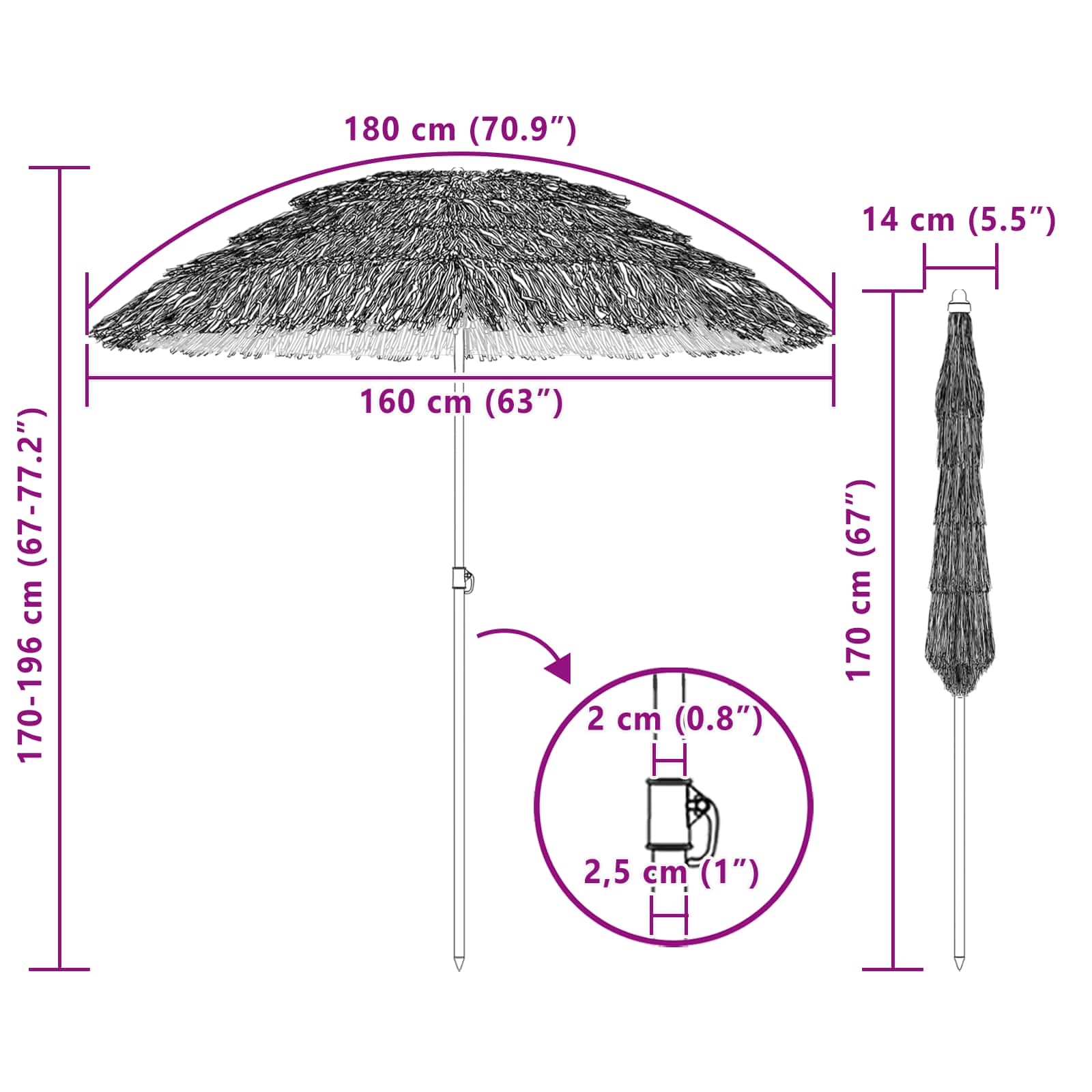 vidaXL Strandparasol Natur 160 x 160 x 196 cm Polyester und Stahl