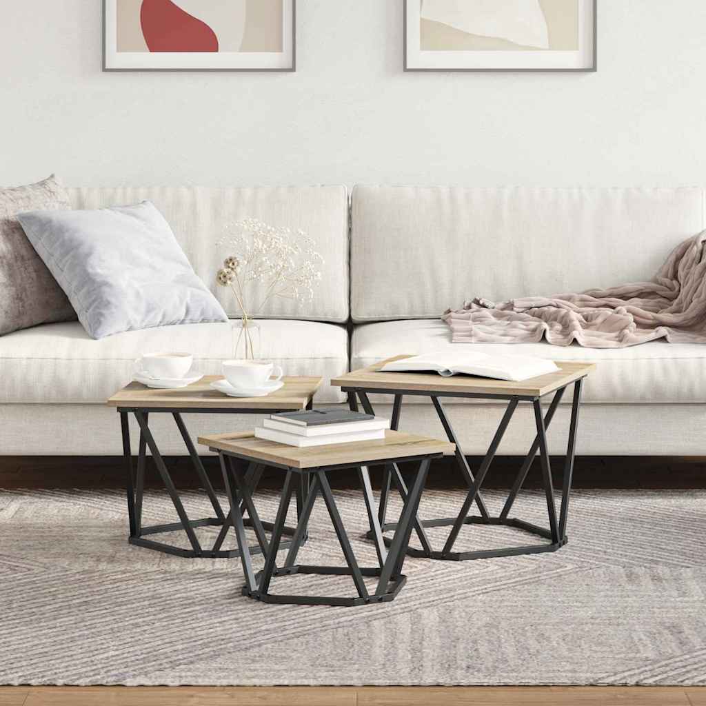 vidaXL Couchtisch 3 pcs Sonoma-Eiche Ingenieure Holz und Stahl