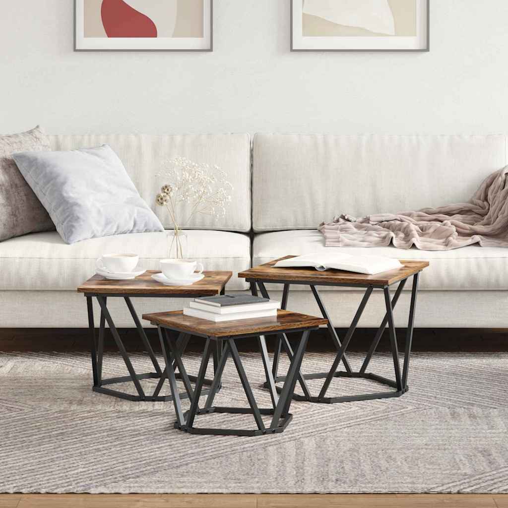 vidaXL Couchtisch 3 pcs Geräucherte Eiche Ingenieure Holz und Stahl