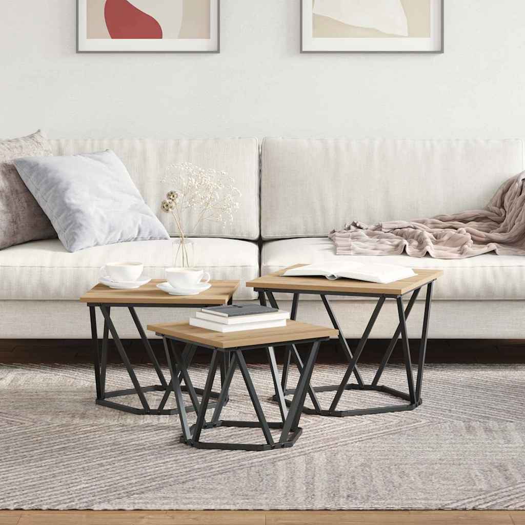 vidaXL Couchtisch 3 pcs Artisan-Eiche Ingenieure Holz und Stahl