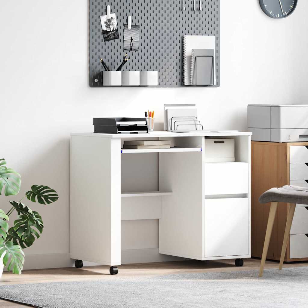 vidaXL Tisch mit Rädern mit Regal Weiß 91 x 50 x 77 cm Holzwerkstoff