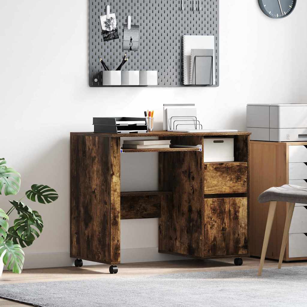 vidaXL Tisch mit Rädern mit Regal Geräucherte Eiche 91 x 50 x 77 cm