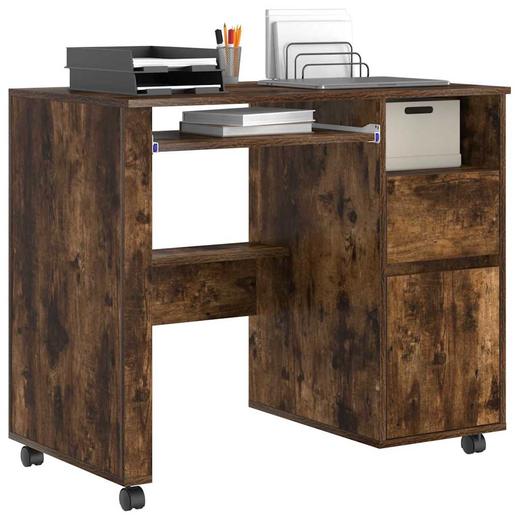 vidaXL Tisch mit Rädern mit Regal Geräucherte Eiche 91 x 50 x 77 cm