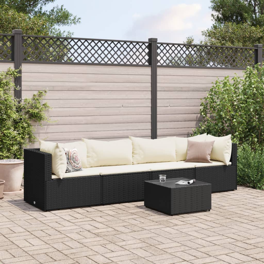 vidaXL 5-tlg. Garten-Lounge-Set mit Kissen Schwarz Poly Rattan