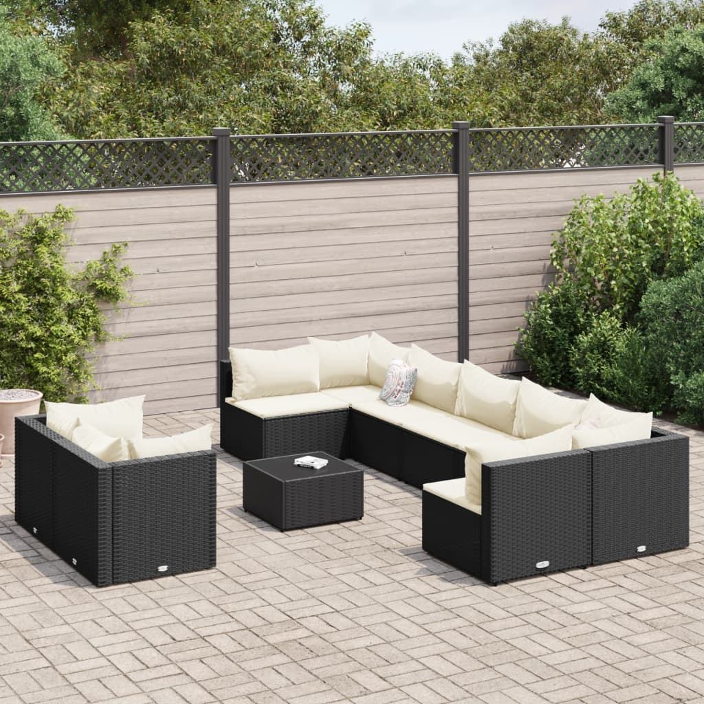 vidaXL 10-tlg. Garten-Sofagarnitur mit Kissen Schwarz Poly Rattan