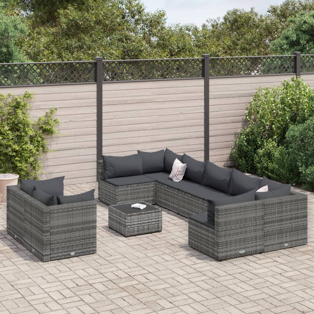 vidaXL 10-tlg. Garten-Sofagarnitur mit Kissen Schwarz Poly Rattan