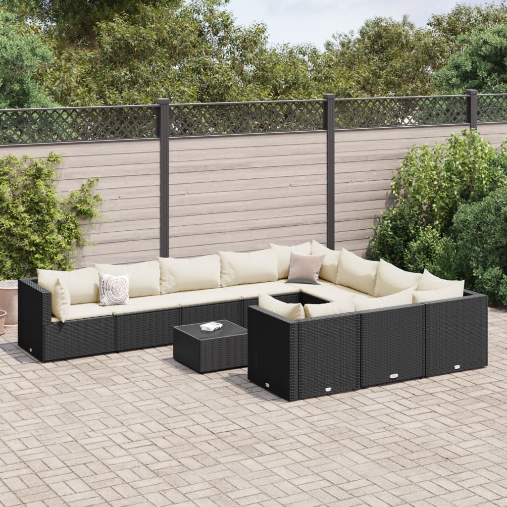 vidaXL 11-tlg. Garten-Sofagarnitur mit Kissen Schwarz Poly Rattan