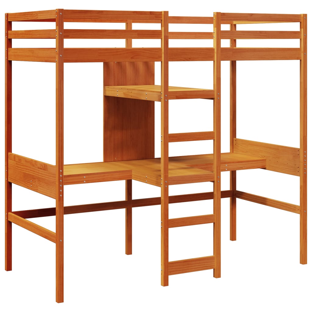 vidaXL Hochbett mit Schreibtisch & Ablagen Braun 90x200 cm Kiefernholz