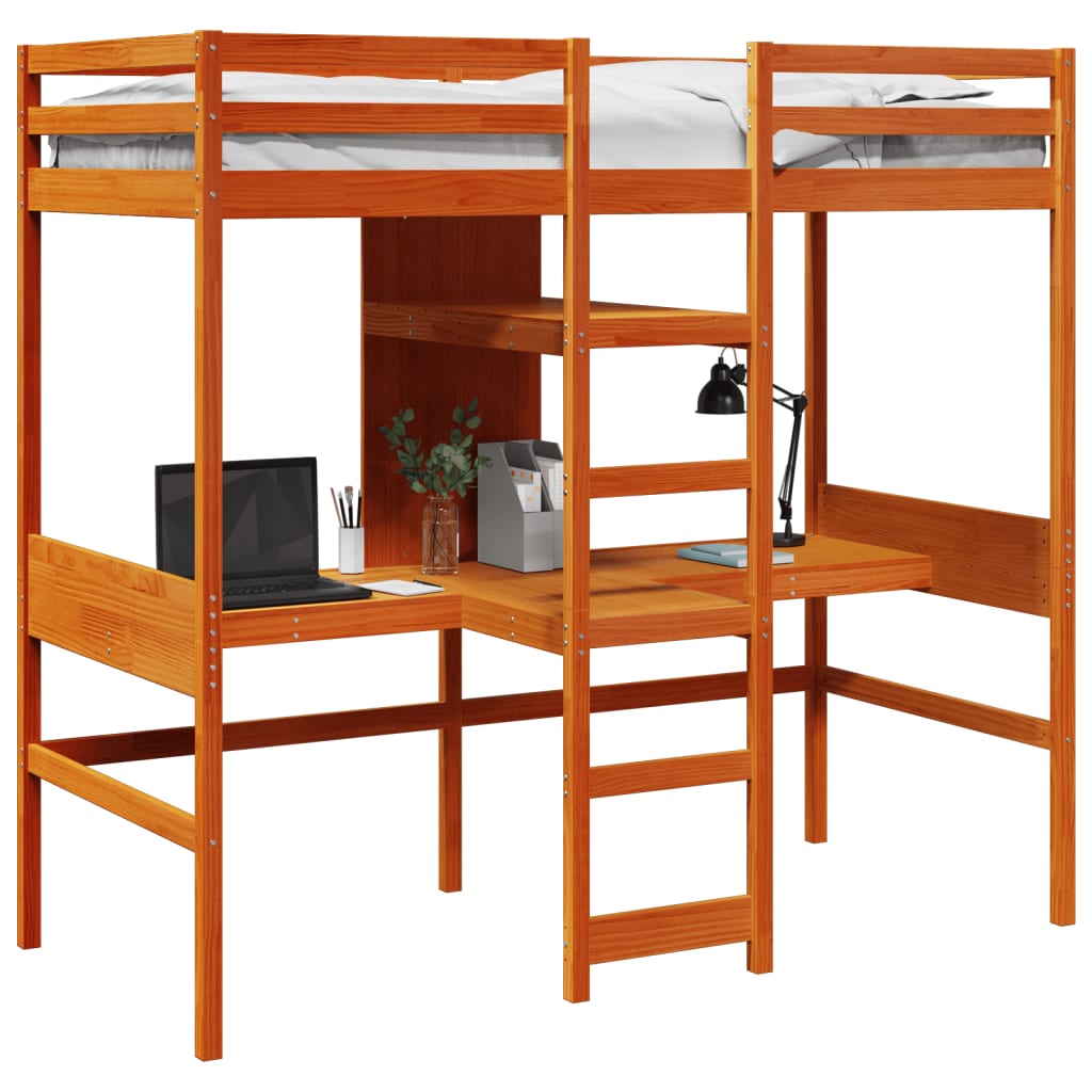 vidaXL Hochbett mit Schreibtisch & Ablagen Braun 90x200 cm Kiefernholz