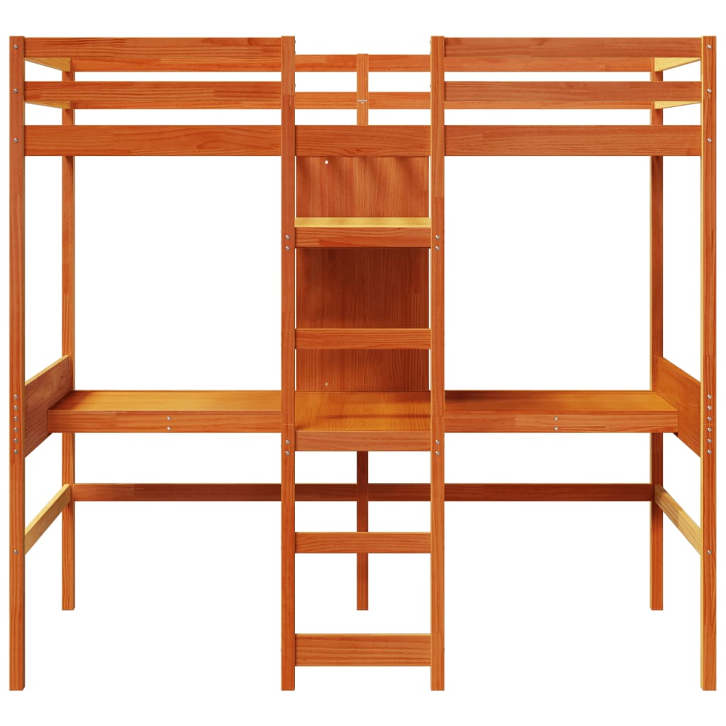 vidaXL Hochbett mit Schreibtisch & Ablagen Braun 90x200 cm Kiefernholz
