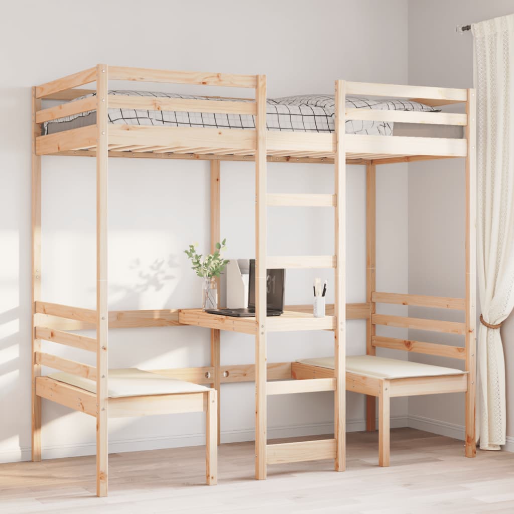 vidaXL Hochbett mit Schreibtisch & Stühlen 90x200 cm Massivholz Kiefer