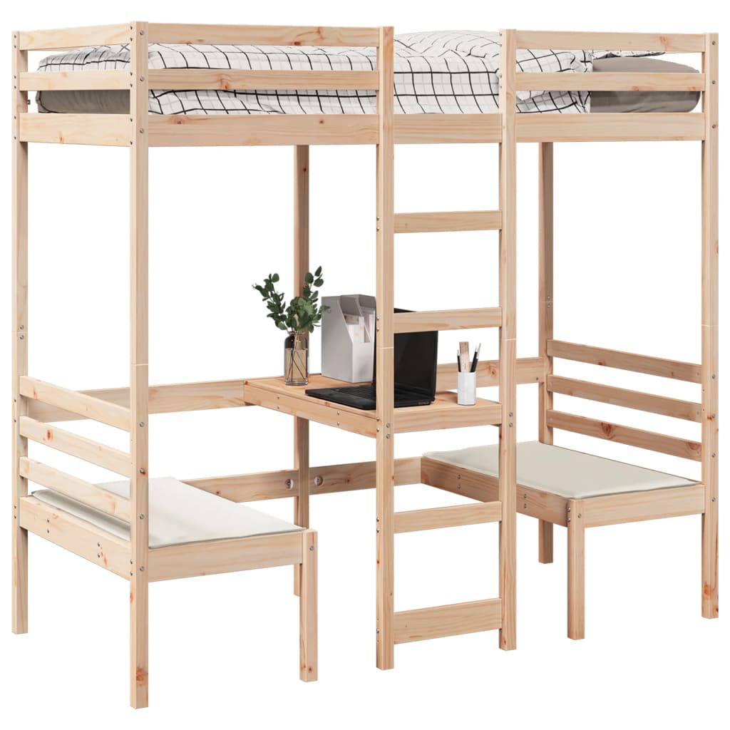 vidaXL Hochbett mit Schreibtisch & Stühlen 90x200 cm Massivholz Kiefer