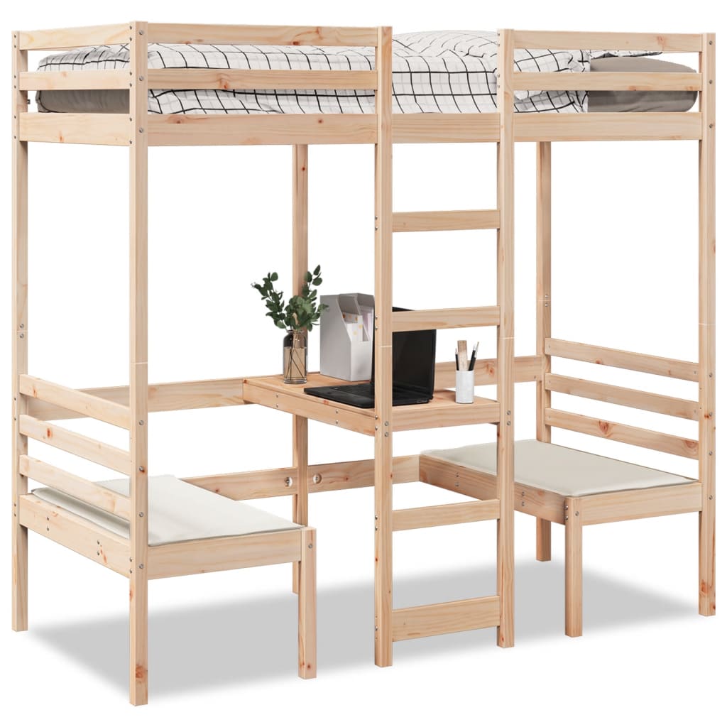 vidaXL Hochbett mit Schreibtisch & Stühlen 90x200 cm Massivholz Kiefer