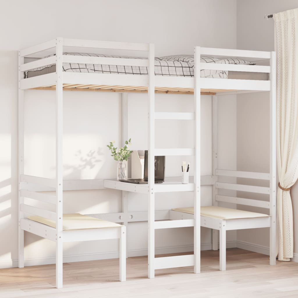 vidaXL Hochbett mit Schreibtisch & Stühlen Weiß 90x200 cm Kiefernholz