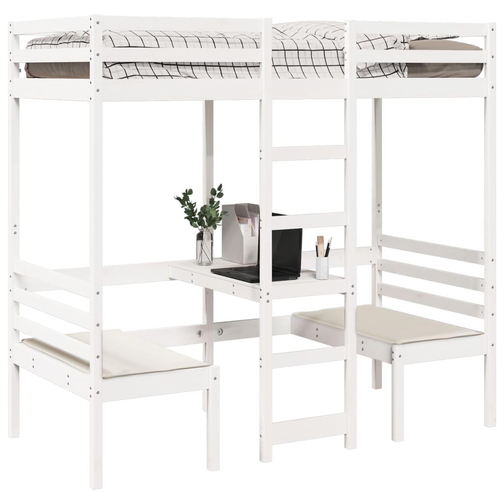 vidaXL Hochbett mit Schreibtisch & Stühlen Weiß 90x200 cm Kiefernholz