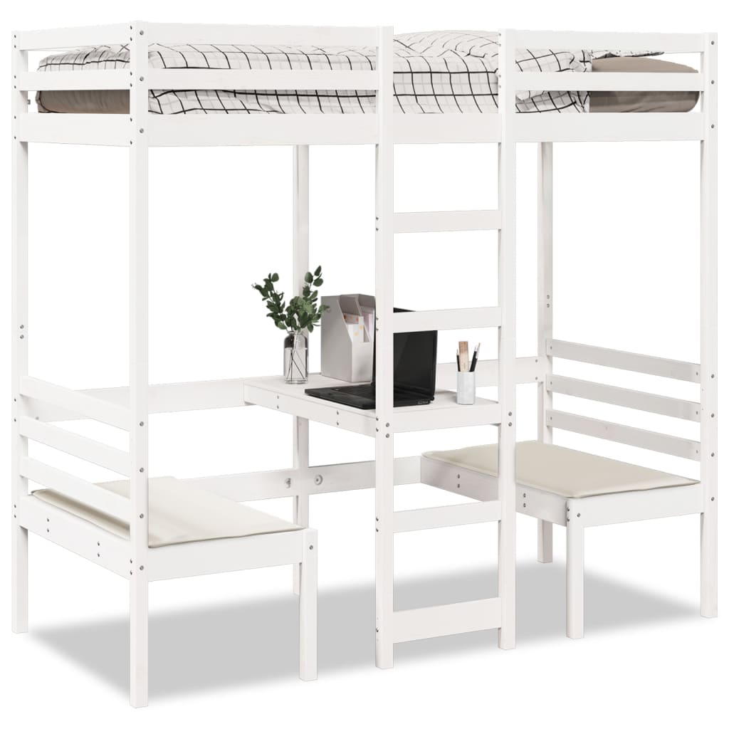 vidaXL Hochbett mit Schreibtisch & Stühlen Weiß 90x200 cm Kiefernholz