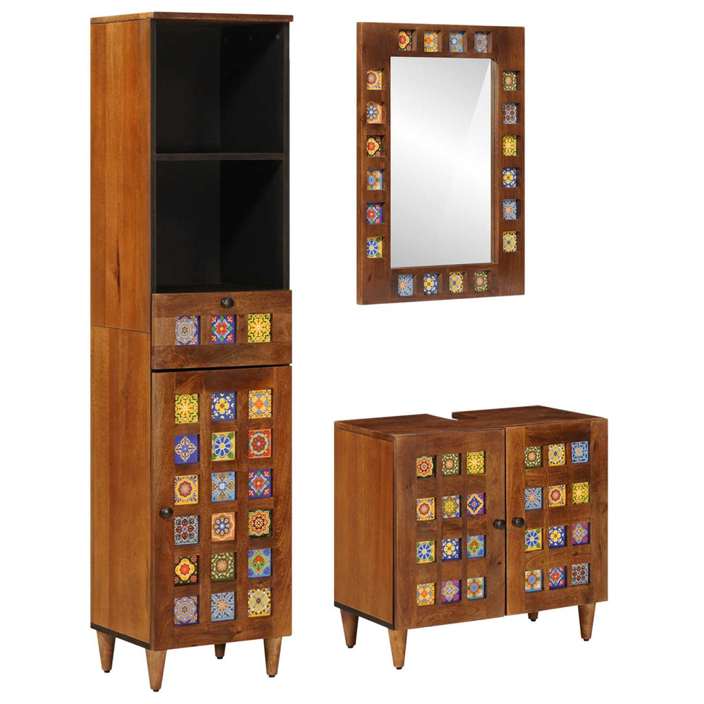 vidaXL Badezimmermöbel-Set mit Regal 3 pcs Walnuss Massivholz Mango