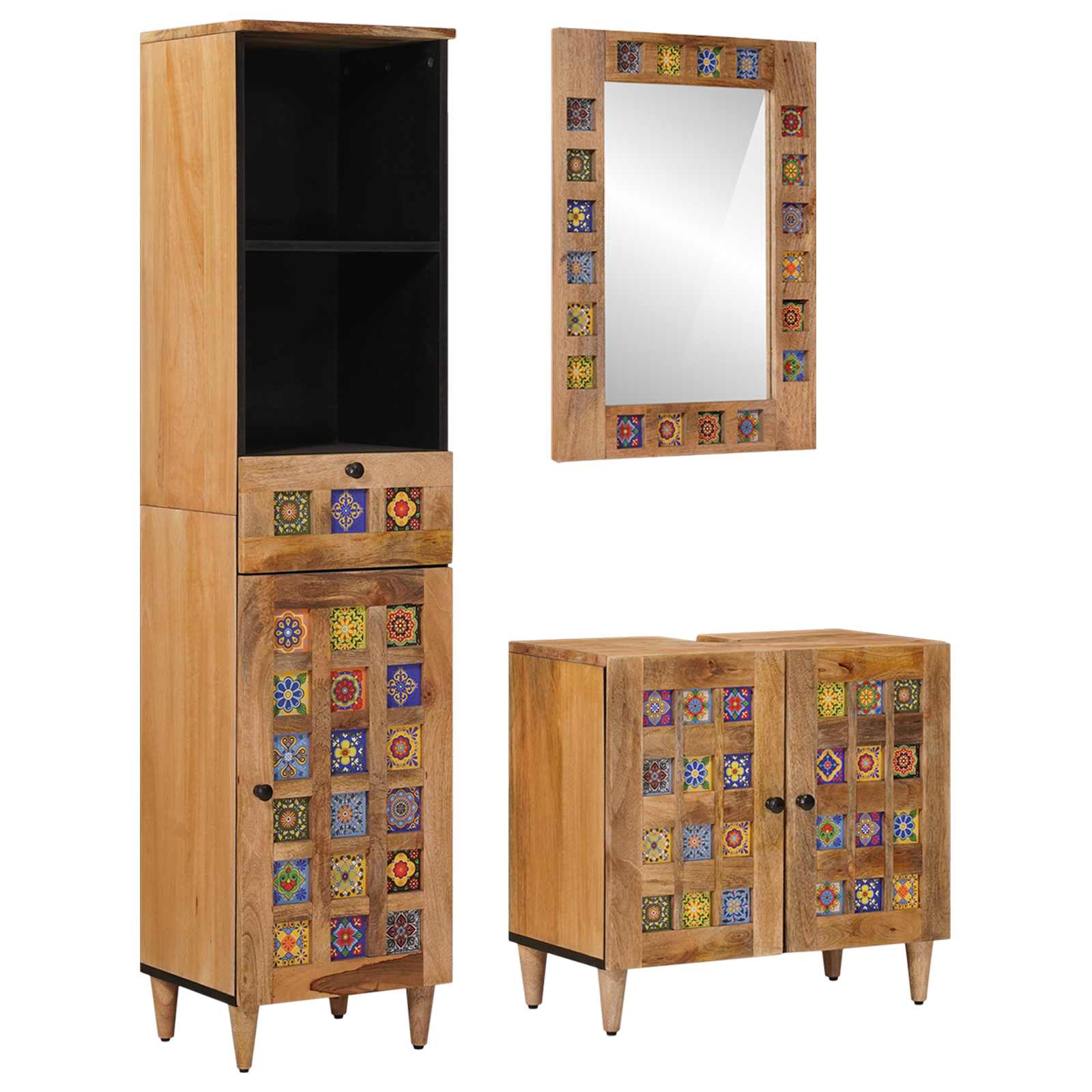 vidaXL Badezimmermöbel-Set mit Schubladen 3 pcs Natur Massivholz Mango